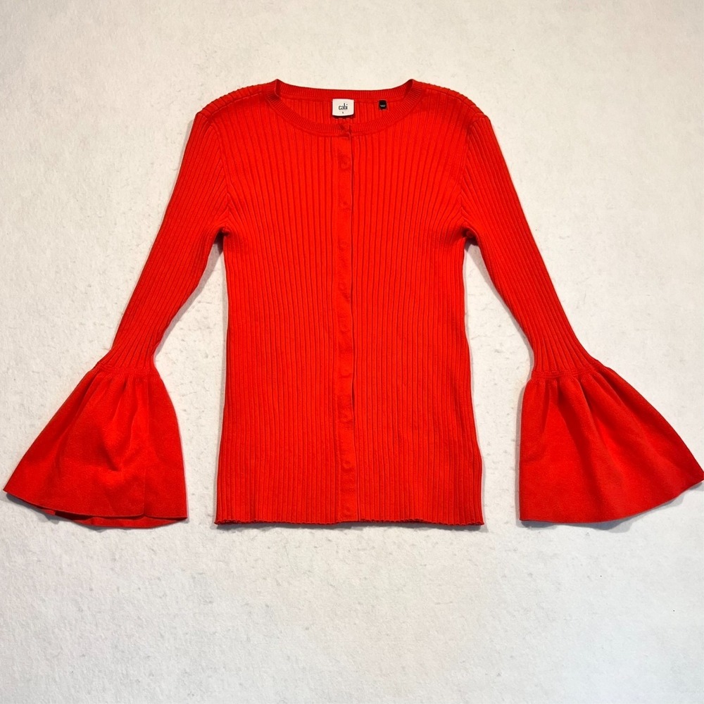 CAbi Red Ribbed Button-Front Sweater with Bell Sleeves